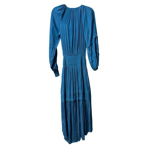 Ramy Brook Long Sleeve Satin Blue V Neck Midi Dress - Picture 4 of 8